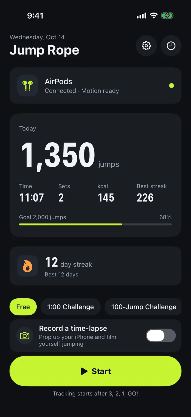 Home screen showing today's jumps, goal, and day streak