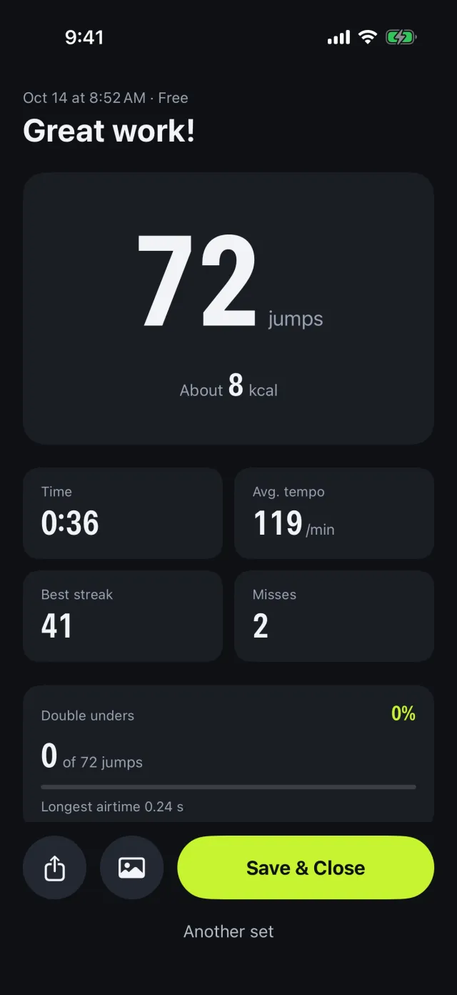 Result screen with jumps, calories, tempo, and best streak